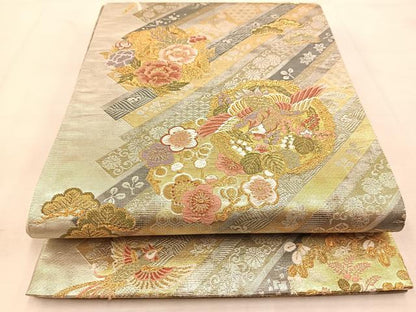 平和屋着物◎六通柄袋帯　唐織　斜短冊富貴丸文　金銀糸　引箔　正絹　逸品　BAAU6282yc