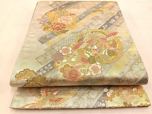 平和屋着物◎六通柄袋帯　唐織　斜短冊富貴丸文　金銀糸　引箔　正絹　逸品　BAAU6282yc