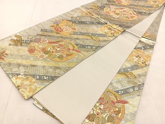 平和屋着物◎六通柄袋帯　唐織　斜短冊富貴丸文　金銀糸　引箔　正絹　逸品　BAAU6282yc