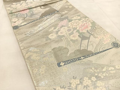 平和屋着物◎六通柄袋帯　唐織　プラチナ二重箔　九百錦　扇花車文　正絹　逸品　BAAU6297yc