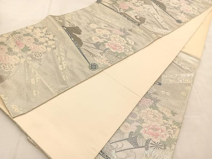 平和屋着物◎六通柄袋帯　唐織　プラチナ二重箔　九百錦　扇花車文　正絹　逸品　BAAU6297yc