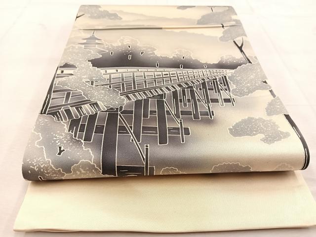 平和屋着物◎太鼓柄袋帯　古城風景文　銀通し地　正絹　逸品　BAAU6312yc