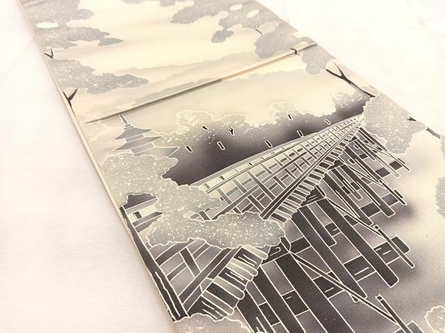 平和屋着物◎太鼓柄袋帯　古城風景文　銀通し地　正絹　逸品　BAAU6312yc