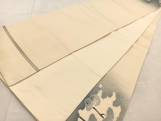 平和屋着物◎太鼓柄袋帯　古城風景文　銀通し地　正絹　逸品　BAAU6312yc