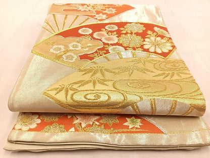 平和屋着物◎六通柄袋帯　唐織　駒刺繍　扇面草花文　金銀糸　正絹　逸品　BAAU6319yc