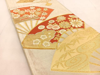 平和屋着物◎六通柄袋帯　唐織　駒刺繍　扇面草花文　金銀糸　正絹　逸品　BAAU6319yc