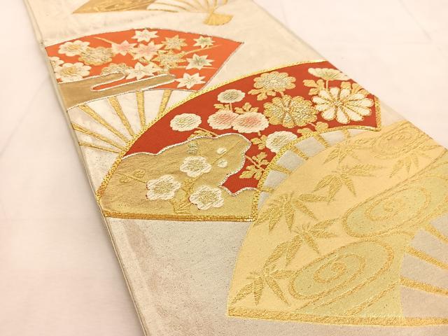 平和屋着物◎六通柄袋帯　唐織　駒刺繍　扇面草花文　金銀糸　正絹　逸品　BAAU6319yc