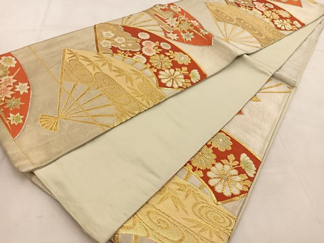 平和屋着物◎六通柄袋帯　唐織　駒刺繍　扇面草花文　金銀糸　正絹　逸品　BAAU6319yc