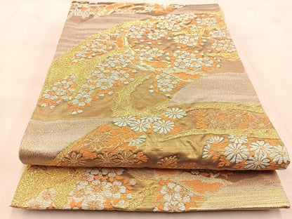 平和屋着物◎六通柄袋帯　都緞子　地紙草花文　金銀糸　正絹　逸品　BAAU6323yc