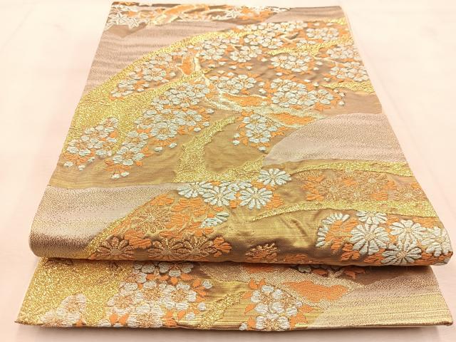 平和屋着物◎六通柄袋帯　都緞子　地紙草花文　金銀糸　正絹　逸品　BAAU6323yc