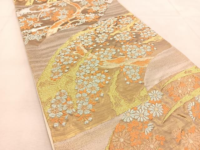 平和屋着物◎六通柄袋帯　都緞子　地紙草花文　金銀糸　正絹　逸品　BAAU6323yc