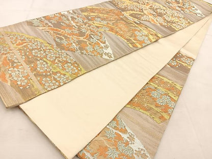 平和屋着物◎六通柄袋帯　都緞子　地紙草花文　金銀糸　正絹　逸品　BAAU6323yc