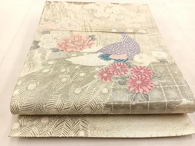 平和屋着物◎六通柄袋帯　唐織　孔雀花文　銀糸　正絹　逸品　BAAU6332yc