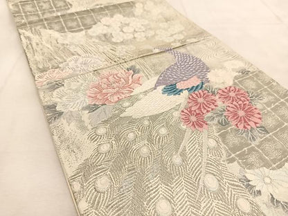 平和屋着物◎六通柄袋帯　唐織　孔雀花文　銀糸　正絹　逸品　BAAU6332yc