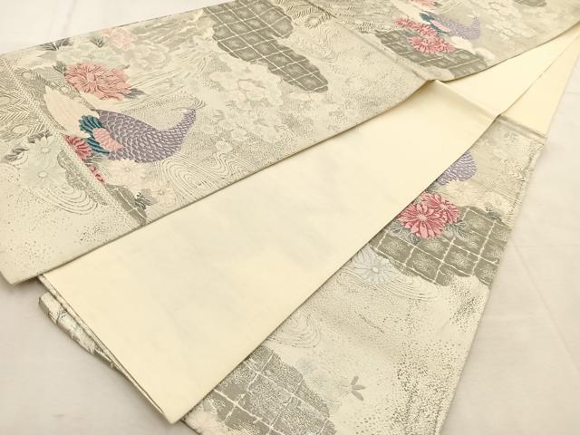 平和屋着物◎六通柄袋帯　唐織　孔雀花文　銀糸　正絹　逸品　BAAU6332yc