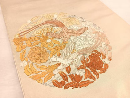 平和屋着物◎太鼓柄袋帯　総刺繍　銀駒刺繍　鳳凰花丸文　引箔　正絹　逸品　BAAU6337yc