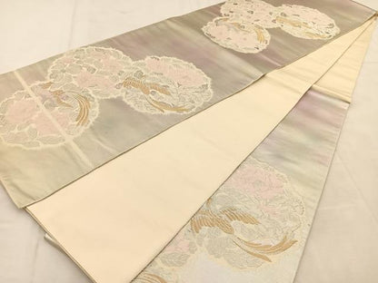 平和屋着物◎西陣　服部織物謹製　六通柄袋帯　こはく錦　手工芸　花鳥丸文　金銀糸　引箔　正絹　逸品　BAAU6375yc