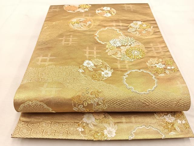平和屋着物◎六通柄袋帯　唐織　厳島文様　雪輪と草花の丸　金銀糸　引箔　正絹　逸品　BAAU6388yc