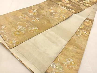 平和屋着物◎六通柄袋帯　唐織　厳島文様　雪輪と草花の丸　金銀糸　引箔　正絹　逸品　BAAU6388yc