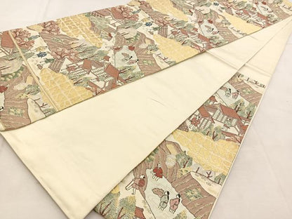 平和屋着物◎六通柄袋帯　人物風景文　金銀糸　正絹　逸品　BAAU6397yc