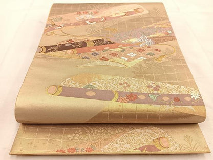 平和屋着物◎六通柄袋帯 唐織 横笛花蝶文 金糸 正絹 逸品 BAAU6425yc