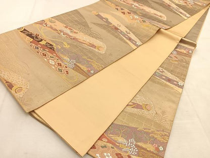 平和屋着物◎六通柄袋帯 唐織 横笛花蝶文 金糸 正絹 逸品 BAAU6425yc