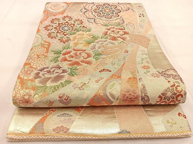 平和屋着物◎佐賀錦　六通柄袋帯　束ね熨斗花鳥文　金銀糸　正絹　逸品　BAAU6431yc