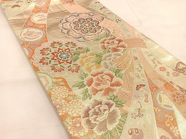 平和屋着物◎佐賀錦　六通柄袋帯　束ね熨斗花鳥文　金銀糸　正絹　逸品　BAAU6431yc