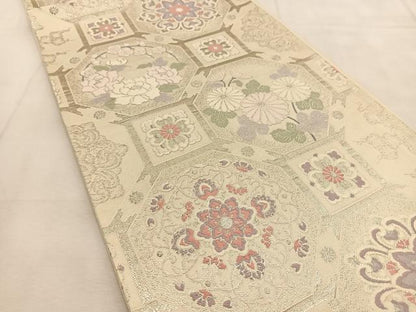 平和屋着物◎六通柄袋帯 唐織 蜀江花文 銀糸 正絹 逸品 BAAU6440yc
