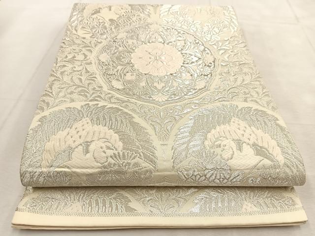 平和屋着物◎六通柄袋帯　唐織　鳳凰花丸文　銀糸　正絹　逸品　BAAU6441yc