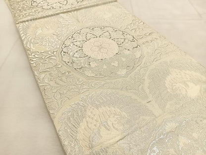 平和屋着物◎六通柄袋帯　唐織　鳳凰花丸文　銀糸　正絹　逸品　BAAU6441yc