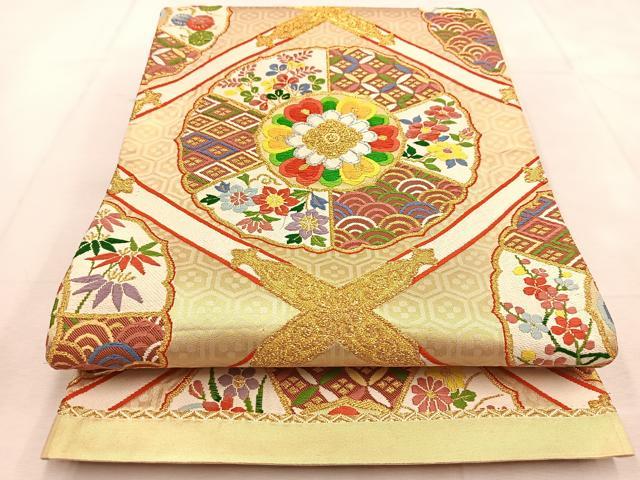 平和屋着物◎六通柄袋帯 唐織 菱天井花文 金糸 正絹 逸品 BAAU6447yc