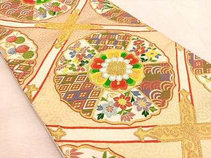 平和屋着物◎六通柄袋帯 唐織 菱天井花文 金糸 正絹 逸品 BAAU6447yc