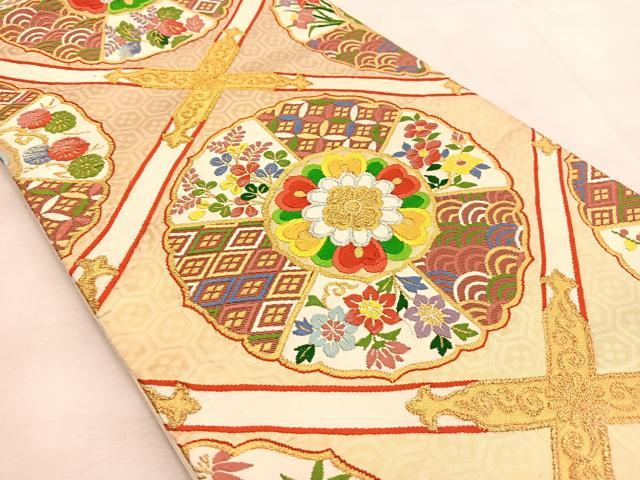 平和屋着物◎六通柄袋帯 唐織 菱天井花文 金糸 正絹 逸品 BAAU6447yc