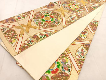 平和屋着物◎六通柄袋帯 唐織 菱天井花文 金糸 正絹 逸品 BAAU6447yc