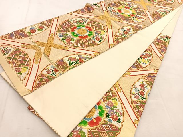 平和屋着物◎六通柄袋帯 唐織 菱天井花文 金糸 正絹 逸品 BAAU6447yc
