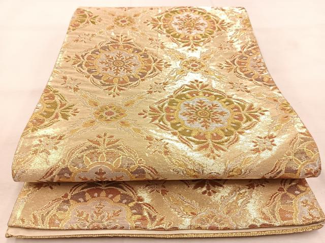 平和屋着物◎六通柄袋帯　菱天井正倉院花文　金銀糸　正絹　逸品　BAAU6555yc