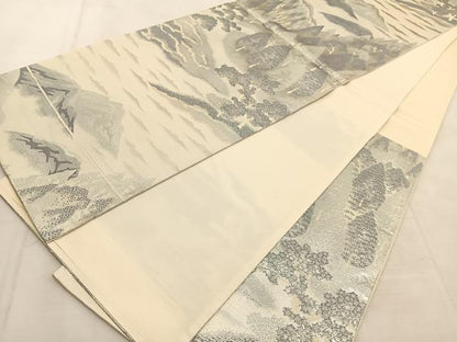 平和屋着物◎六通柄袋帯　錦袋嵯峨野　銀糸　正絹　逸品　BAAU6563yc
