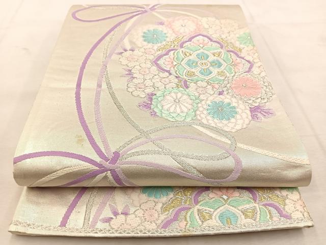 平和屋着物◎六通柄袋帯　唐織　結び紐正倉院花文　金銀糸　正絹　逸品　BAAU6575yc