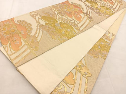 平和屋着物◎六通柄袋帯　雲取り吉祥花文　金銀糸　正絹　逸品　BAAU6590yc