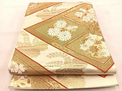 平和屋着物◎六通柄袋帯　唐織　菱花丸文　金糸　正絹　逸品　BAAU6594yc