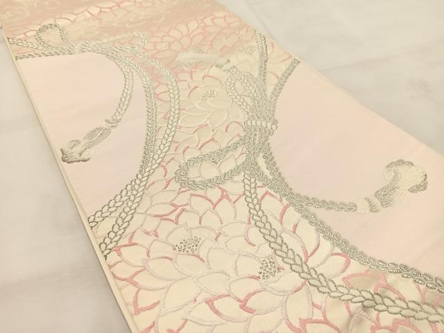 平和屋着物◎六通柄袋帯　唐織　結び紐牡丹文　銀糸　正絹　逸品　BAAU6602yc