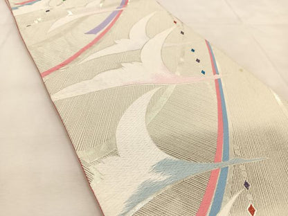 平和屋着物◎六通柄袋帯　唐織　群鶴　銀糸　正絹　逸品　BAAU6605yc