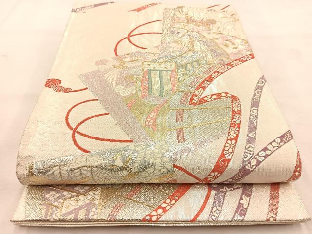 平和屋着物◎九百佐賀錦　六通柄袋帯　唐織　檜扇御所車文　金銀糸　正絹　逸品　BAAU6609yc