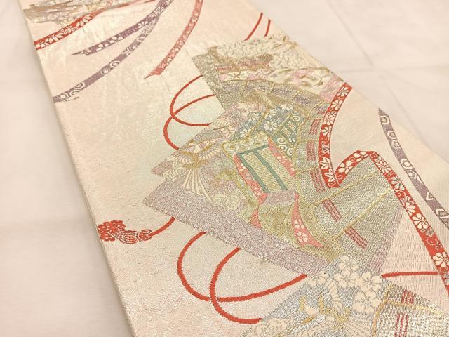 平和屋着物◎九百佐賀錦　六通柄袋帯　唐織　檜扇御所車文　金銀糸　正絹　逸品　BAAU6609yc