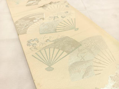 平和屋着物◎六通柄袋帯　唐織　扇面花文　銀糸　正絹　逸品　BAAU6629yc
