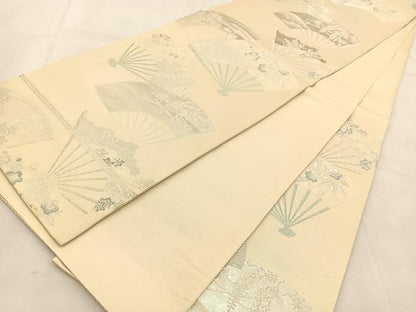 平和屋着物◎六通柄袋帯　唐織　扇面花文　銀糸　正絹　逸品　BAAU6629yc