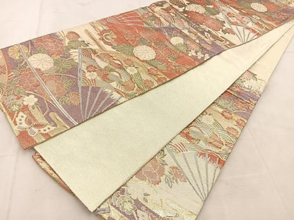 平和屋着物◎佐賀錦　六通柄袋帯　扇面動物花文　金銀糸　正絹　逸品　BAAU6631yc