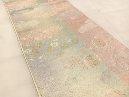 平和屋着物◎六通柄袋帯　唐織　雲取り花鳥文　金銀糸　正絹　逸品　BAAU6672yc