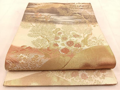 平和屋着物◎六通柄袋帯　唐織　遠山風景花文　金銀糸　正絹　逸品　BAAU6696yc